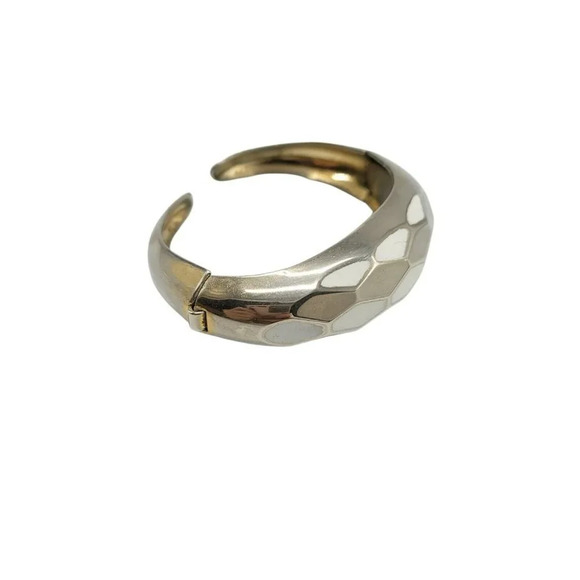 Coro Pegasus White Enamel Geometric Mid Century Faceted Hinge Gold Tone Bracelet - Picture 4 of 5